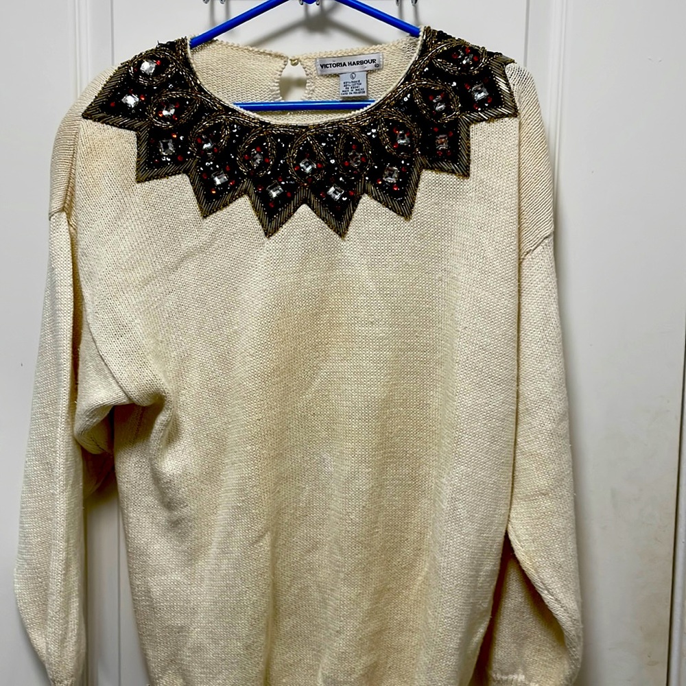 Vintage Victoria Harbour Ivory Multicolor Jeweled Long Sleeve Sweater Sz L